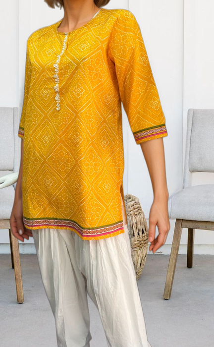 Yellow Bandini Jaipuri Cotton Short Kurti. Pure Versatile Cotton. | Laces and Frills