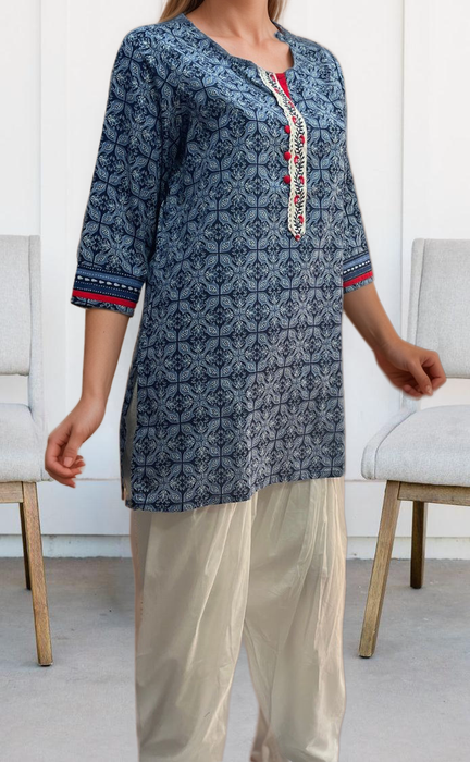 Navy Blue Floral Jaipuri Cotton Short Kurti. Pure Versatile Cotton. | Laces and Frills