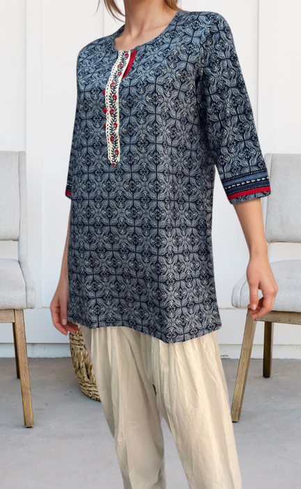 Navy Blue Floral Jaipuri Cotton Short Kurti. Pure Versatile Cotton. | Laces and Frills