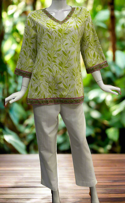 Green Leafy V Neck Cotton Short Kurti. Pure Versatile Cotton. | Laces and Frills