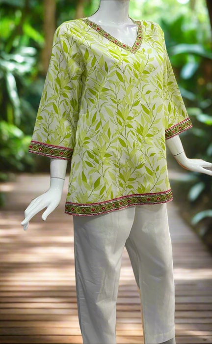 Green Leafy V Neck Cotton Short Kurti. Pure Versatile Cotton. | Laces and Frills