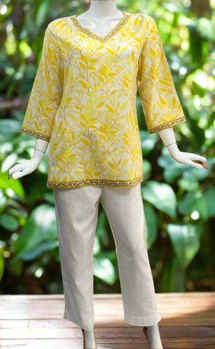 Yellow Leafy V Neck Cotton Short Kurti. Pure Versatile Cotton. | Laces and Frills