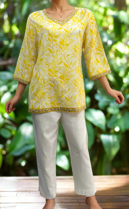 Yellow Leafy V Neck Cotton Short Kurti. Pure Versatile Cotton. | Laces and Frills