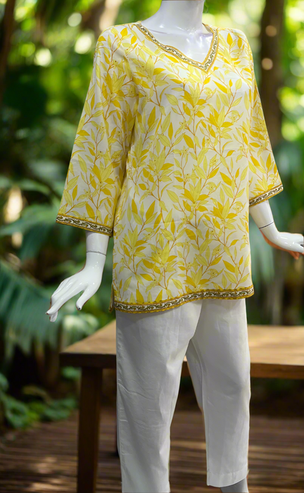 Yellow Leafy V Neck Cotton Short Kurti. Pure Versatile Cotton. | Laces and Frills