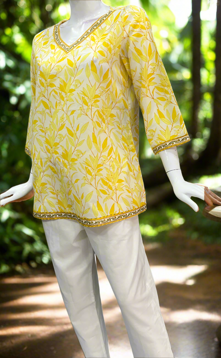 Yellow Leafy V Neck Cotton Short Kurti. Pure Versatile Cotton. | Laces and Frills