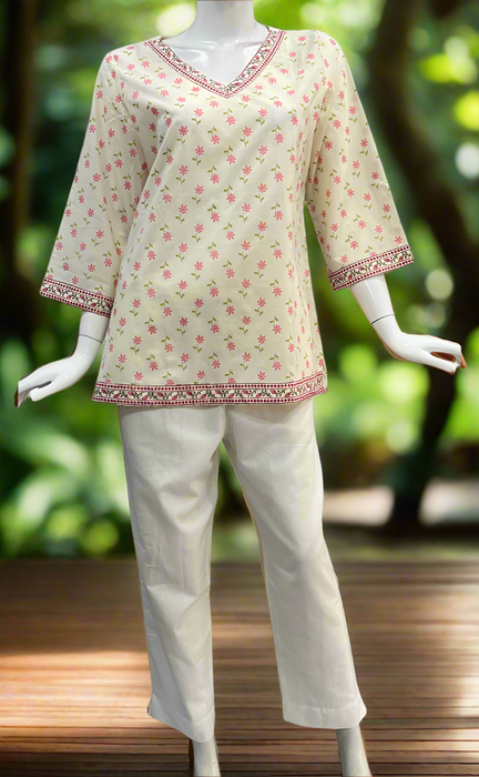 Off White/Pink Flora V Neck Cotton Short Kurti. Pure Versatile Cotton. | Laces and Frills