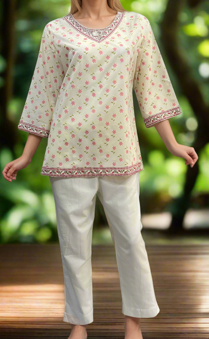 Off White/Pink Flora V Neck Cotton Short Kurti. Pure Versatile Cotton. | Laces and Frills