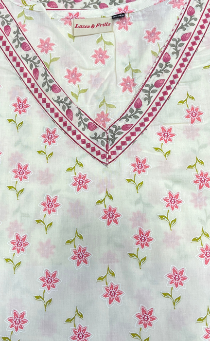 Off White/Pink Flora V Neck Cotton Short Kurti. Pure Versatile Cotton. | Laces and Frills