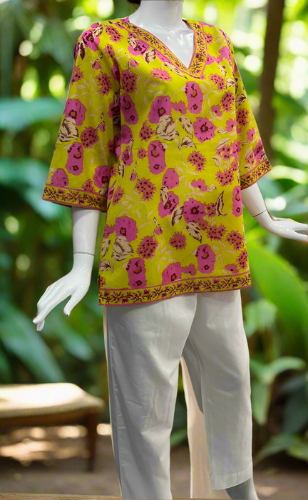 Yellow/Pink Garden V Neck Cotton Short Kurti. Pure Versatile Cotton. | Laces and Frills