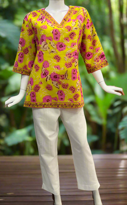 Yellow/Pink Garden V Neck Cotton Short Kurti. Pure Versatile Cotton. | Laces and Frills