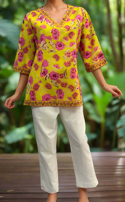 Yellow/Pink Garden V Neck Cotton Short Kurti. Pure Versatile Cotton. | Laces and Frills