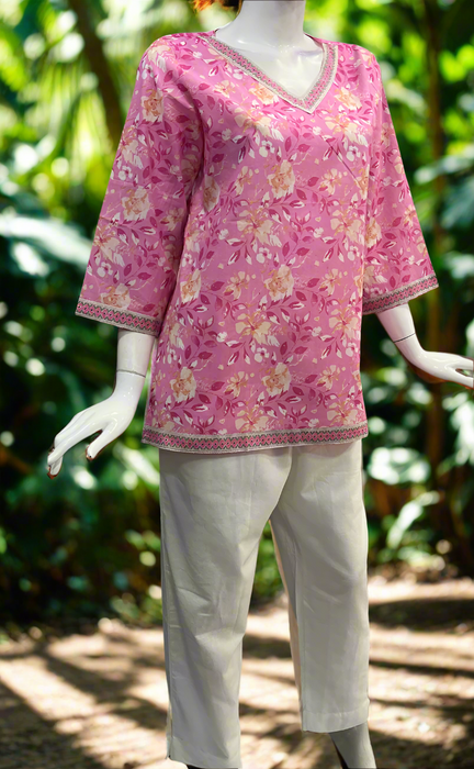 Pink Flora V Neck Cotton Short Kurti. Pure Versatile Cotton. | Laces and Frills