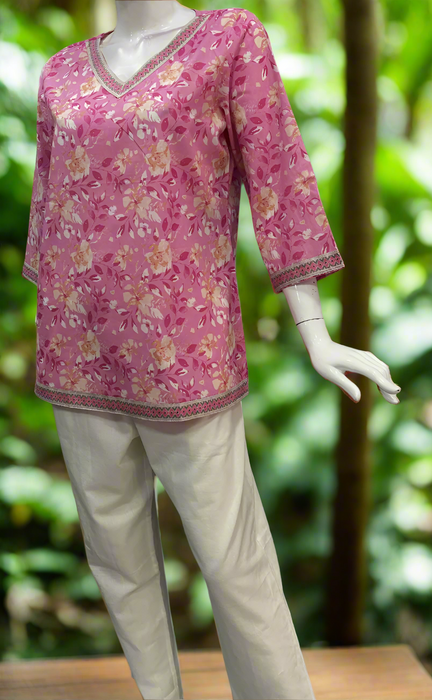 Pink Flora V Neck Cotton Short Kurti. Pure Versatile Cotton. | Laces and Frills