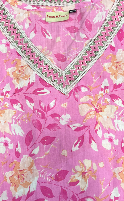 Pink Flora V Neck Cotton Short Kurti. Pure Versatile Cotton. | Laces and Frills