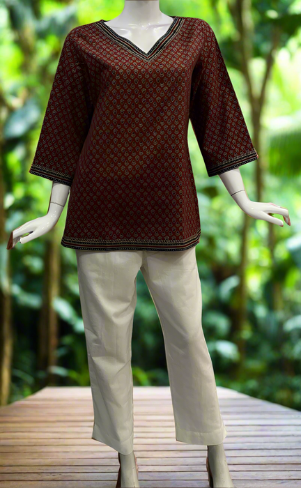 Maroon Buds V Neck Cotton Short Kurti. Pure Versatile Cotton. | Laces and Frills