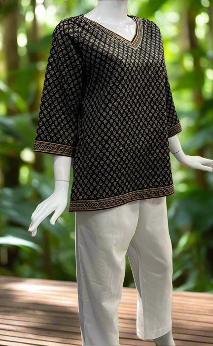 Black Buds V Neck Cotton Short Kurti. Pure Versatile Cotton. | Laces and Frills