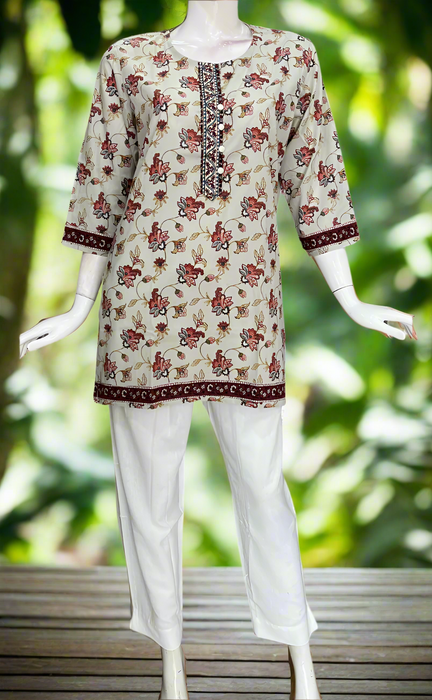 Beige/Maroon Floral Jaipur Cotton Short Kurti. Pure Versatile Cotton. | Laces and Frills