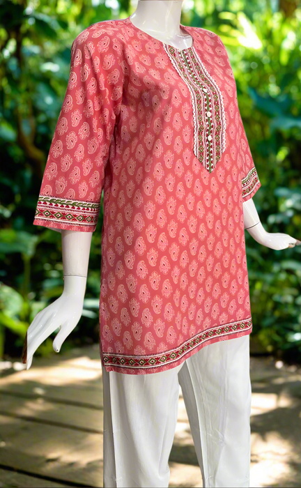 Peach/Pink Manga Motif Jaipur Cotton Short Kurti. Pure Versatile Cotton. | Laces and Frills