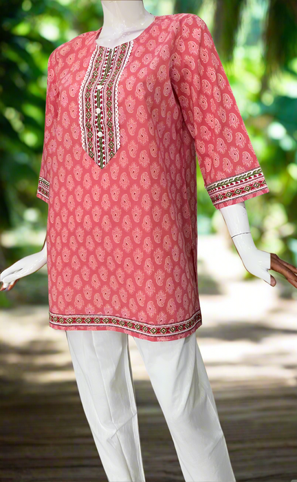 Peach/Pink Manga Motif Jaipur Cotton Short Kurti. Pure Versatile Cotton. | Laces and Frills