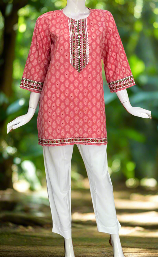 Peach/Pink Manga Motif Jaipur Cotton Short Kurti. Pure Versatile Cotton. | Laces and Frills