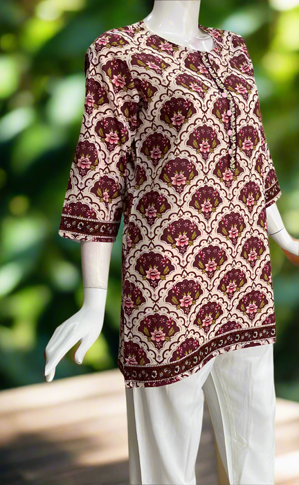 Off White/Maroon Motif Jaipur Cotton Short Kurti. Pure Versatile Cotton. | Laces and Frills