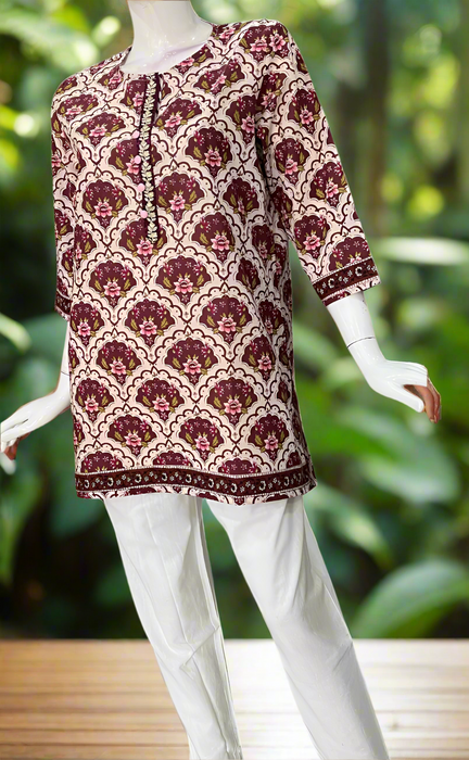 Off White/Maroon Motif Jaipur Cotton Short Kurti. Pure Versatile Cotton. | Laces and Frills