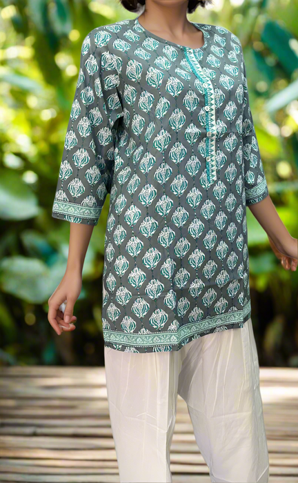 Grey/Sea Green Motif Jaipuri Cotton Short Kurti. Pure Versatile Cotton. | Laces and Frills