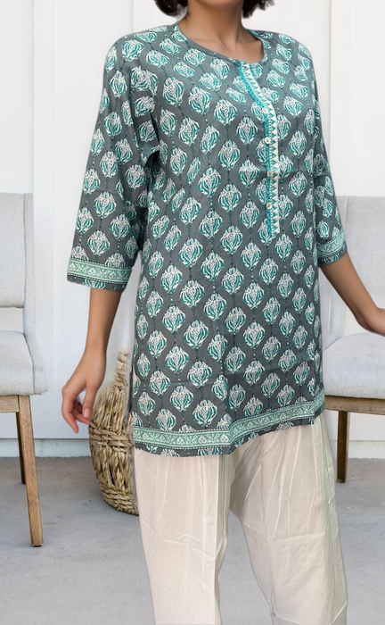 Grey/Sea Green Motif Jaipuri Cotton Short Kurti. Pure Versatile Cotton. | Laces and Frills