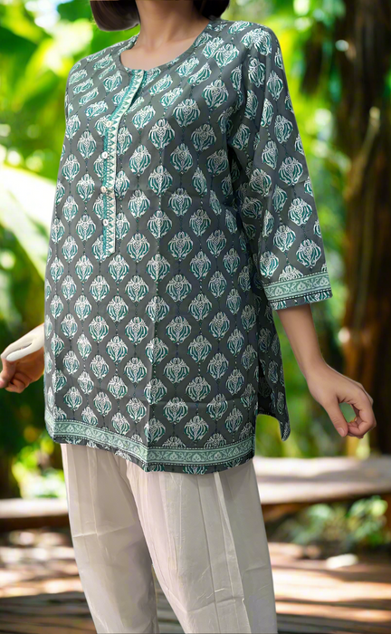 Grey/Sea Green Motif Jaipuri Cotton Short Kurti. Pure Versatile Cotton. | Laces and Frills