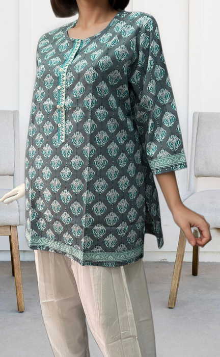 Grey/Sea Green Motif Jaipuri Cotton Short Kurti. Pure Versatile Cotton. | Laces and Frills