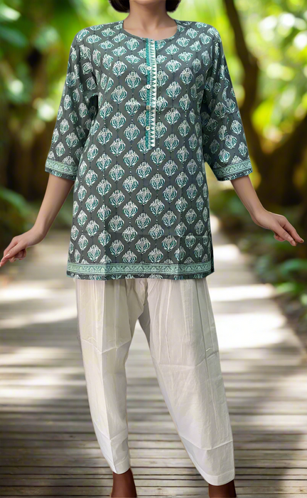 Grey/Sea Green Motif Jaipuri Cotton Short Kurti. Pure Versatile Cotton. | Laces and Frills