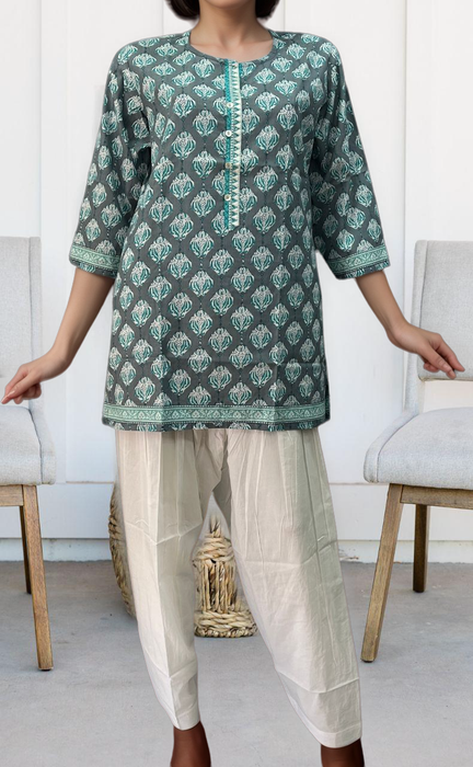 Grey/Sea Green Motif Jaipuri Cotton Short Kurti. Pure Versatile Cotton. | Laces and Frills