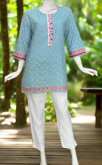 Light Sea Green Tiny Flora Jaipur Cotton Short Kurti. Pure Versatile Cotton. | Laces and Frills