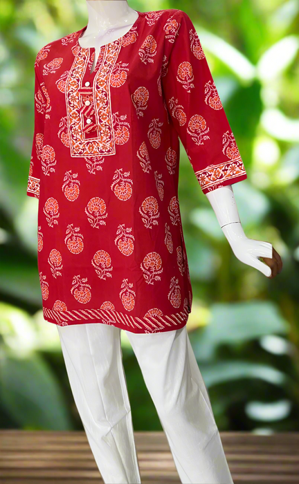 Red Floral Jaipur Cotton Short Kurti. Pure Versatile Cotton. | Laces and Frills