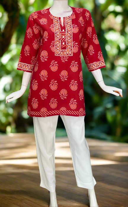 Red Floral Jaipur Cotton Short Kurti. Pure Versatile Cotton. | Laces and Frills