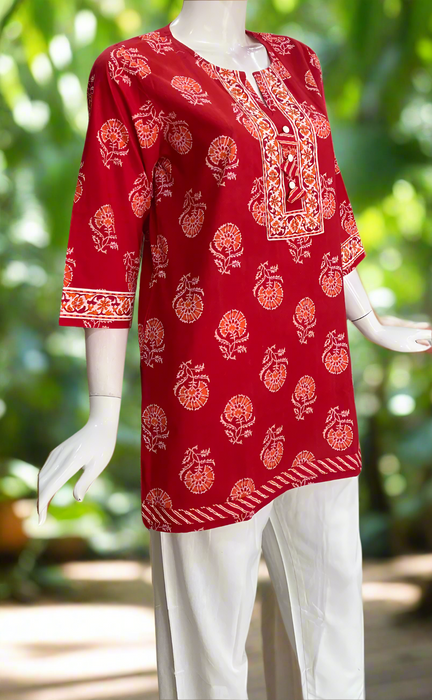 Red Floral Jaipur Cotton Short Kurti. Pure Versatile Cotton. | Laces and Frills