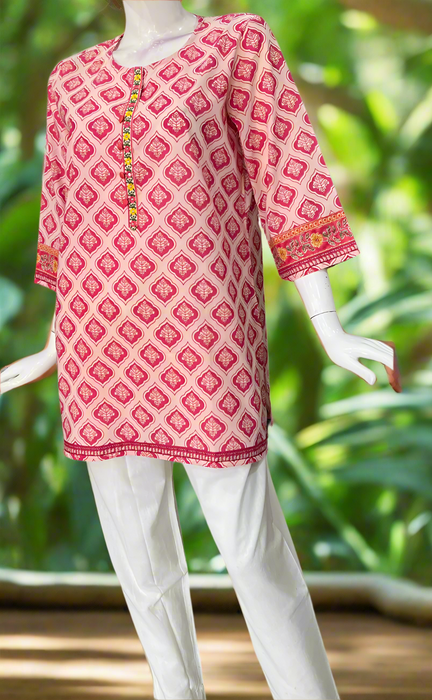 Pink Motif Jaipur Cotton Short Kurti. Pure Versatile Cotton. | Laces and Frills