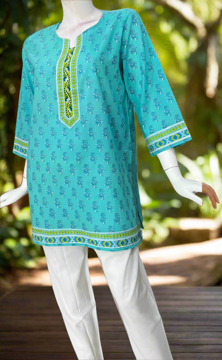 Sea Green Flora Jaipur Cotton Short Kurti. Pure Versatile Cotton. | Laces and Frills