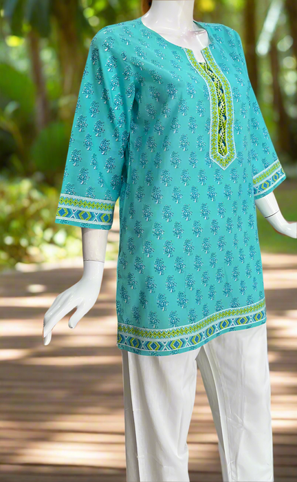 Sea Green Flora Jaipur Cotton Short Kurti. Pure Versatile Cotton. | Laces and Frills