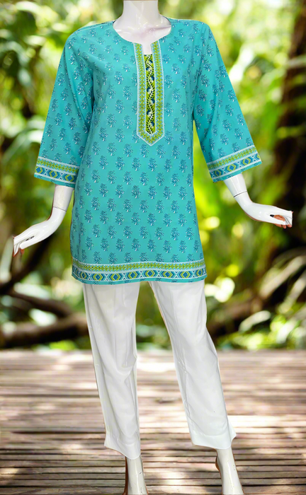 Sea Green Flora Jaipur Cotton Short Kurti. Pure Versatile Cotton. | Laces and Frills