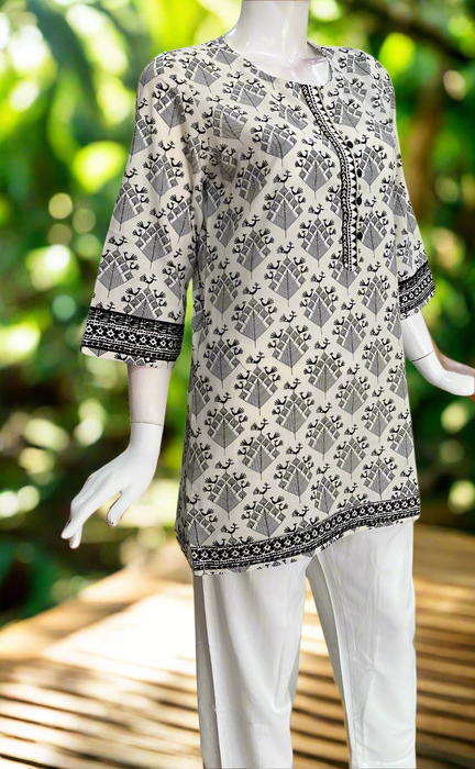 White/Black Abstract Jaipur Cotton Short Kurti. Pure Versatile Cotton. | Laces and Frills