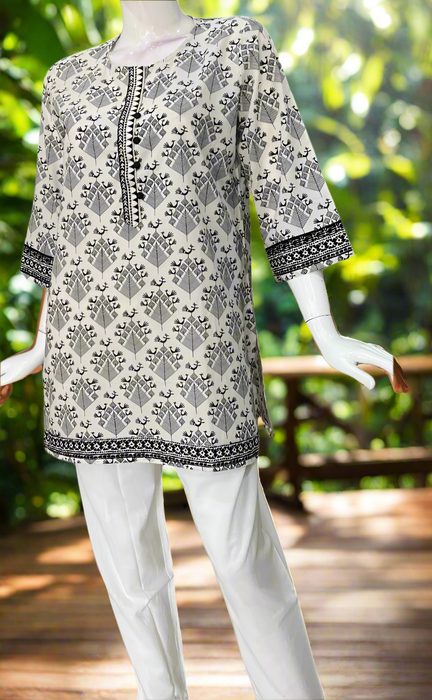 White/Black Abstract Jaipur Cotton Short Kurti. Pure Versatile Cotton. | Laces and Frills