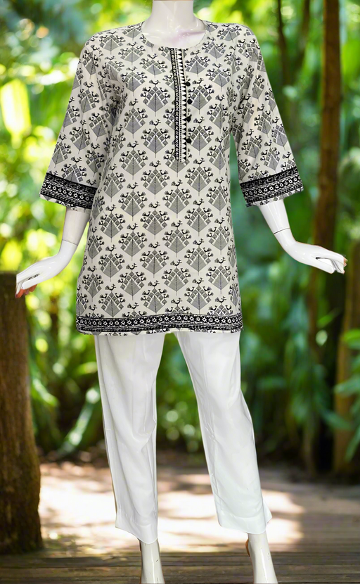 White/Black Abstract Jaipur Cotton Short Kurti. Pure Versatile Cotton. | Laces and Frills