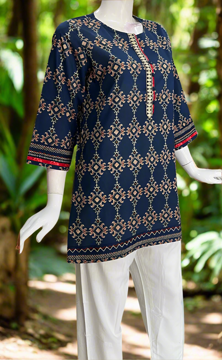 Navy Blue Motif Jaipur Cotton Short Kurti. Pure Versatile Cotton. | Laces and Frills