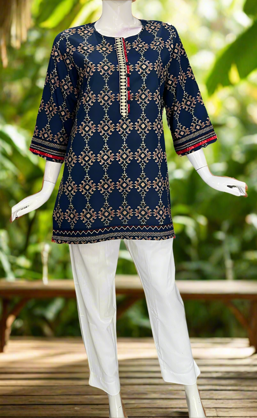 Navy Blue Motif Jaipur Cotton Short Kurti. Pure Versatile Cotton. | Laces and Frills