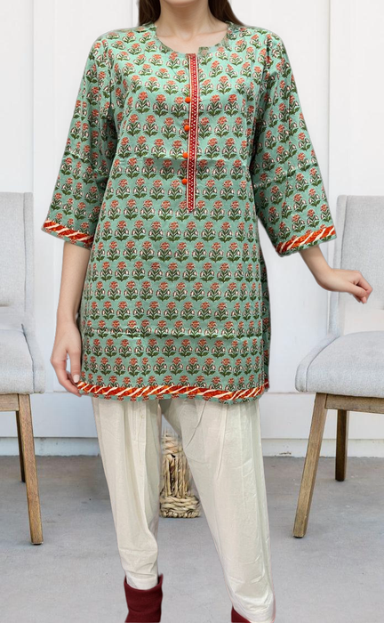 Sea Green/Orange Floral Jaipuri Cotton Short Kurti. Pure Versatile Cotton. | Laces and Frills