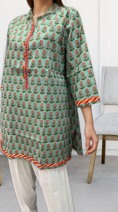 Sea Green/Orange Floral Jaipuri Cotton Short Kurti. Pure Versatile Cotton. | Laces and Frills