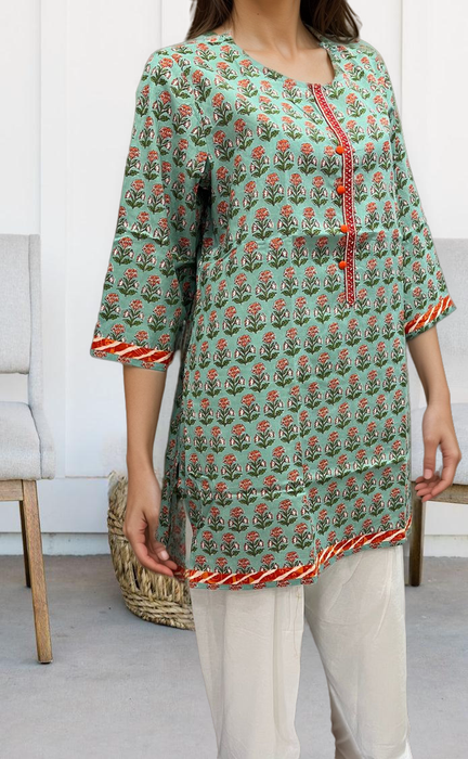 Sea Green/Orange Floral Jaipuri Cotton Short Kurti. Pure Versatile Cotton. | Laces and Frills