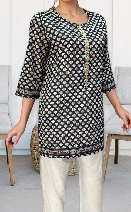 Navy Blue Motif Jaipuri Cotton Short Kurti. Pure Versatile Cotton. | Laces and Frills