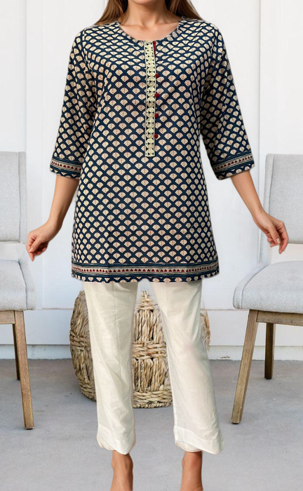 Navy Blue Motif Jaipuri Cotton Short Kurti. Pure Versatile Cotton. | Laces and Frills